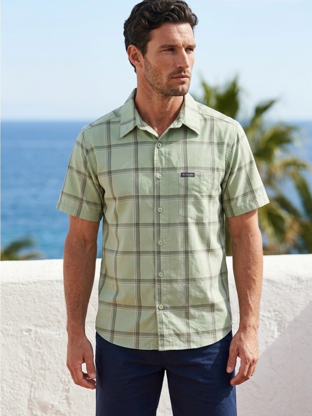 Columbia Light Green Plaid Short-Sleeve Button-Down Shirt